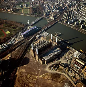 Aerial image of Battersea Power Station, an unused coal-fired power station on the south Aerial image of Battersea Power Station, an unused coal-fired power station on the south