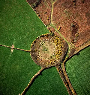 Aerial image of Boscawen-Un Stone Circle, with gorse flowers, St. Buryan Aerial image of Boscawen-Un Stone Circle, with gorse flowers, St. Buryan