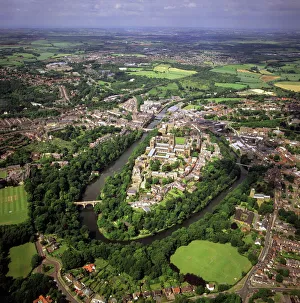 Aerial image of city including Durham Castle, a Medieval castle, Norman Cathedral Aerial image of city including Durham Castle, a Medieval castle, Norman Cathedral
