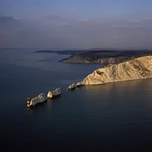 Prints of Aerial image of The Needles, a row of three chalk stacks, and Lighthouse, off the western extremity of the Isle of Wight, Alum Bay, Isle of Wight, England, United Kingdom, Europe Isle Of Wight Prints: Aerial Print of The Needles, Isle of Wight, England