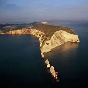 Prints of Aerial image of The Needles, a row of three chalk stacks, and Lighthouse, off the western extremity of the Isle of Wight, Alum Bay, Isle of Wight, England, United Kingdom, Europe Isle Of Wight Prints: Aerial Print of The Needles, Isle of Wight, England