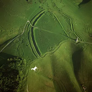 Aerial image of Oldbury Camp Hill Fort with Cherhill White Horse, Cherhill Down Aerial image of Oldbury Camp Hill Fort with Cherhill White Horse, Cherhill Down