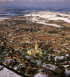 Aerial image of Salisbury Cathedral and city in snow, Salisbury, Wiltshire Aerial image of Salisbury Cathedral and city in snow, Salisbury, Wiltshire
