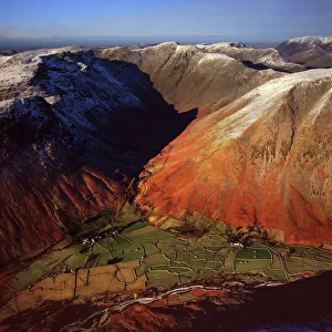 Aerial image of Wasdale Head, with St. Olafs church, the smallest church in England Aerial image of Wasdale Head, with St. Olafs church, the smallest church in England