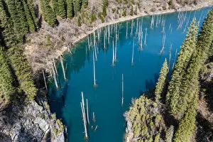 Kazakhstan Collection: Aerial of the Kaindy Lake with its dead trees, Kolsay Lakes National Park, Tian Shan mountains