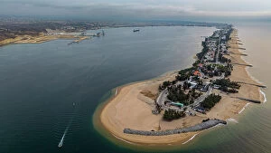Lobito Collection: Aerial of the long sandy peninsula, Lobito, Angola, Africa