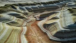 Kazakhstan Collection: Aerial of multicoloured layers of sandstone, Kyzylkup, Mangystau, Kazakhstan, Central Asia, Asia