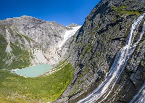Aerial panoramic by drone of waterfall above Briksdalsbreen glacier, Loen, Jostedalsbreen Aerial panoramic by drone of waterfall above Briksdalsbreen glacier, Loen, Jostedalsbreen