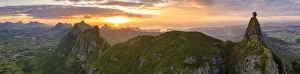 Aerial panoramic of sunset over Le Pouce and Pieter Both mountains, Moka Range, Port Aerial panoramic of sunset over Le Pouce and Pieter Both mountains, Moka Range, Port