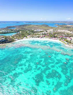 Aerial panoramic of white sand beach and coral reef, Long Bay, Antigua and Barbuda Aerial panoramic of white sand beach and coral reef, Long Bay, Antigua and Barbuda