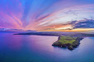 Aerial sunrise view over Baggy Point towards Woolacombe, Morte Bay, North Devon, England Aerial sunrise view over Baggy Point towards Woolacombe, Morte Bay, North Devon, England