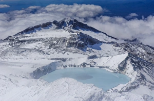 Aerial of a tuquoise crater lake on top of Mount Ruapehu, Tongariro National Park, UNESCO World Heritage Site Aerial of a tuquoise crater lake on top of Mount Ruapehu, Tongariro National Park, UNESCO World Heritage Site