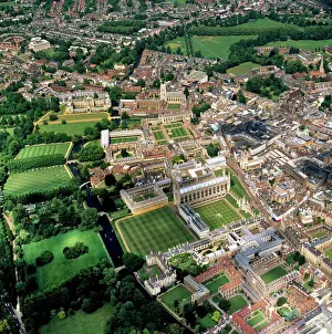 Prints of Aerial view of Cambridge including The Backs where several University of Cambridge colleges back on to the River Cam, Cambridge, Cambridgeshire, England, United Kingdom, Europe Cambridge Prints: Aerial View of Cambridge in Print: The Backs along River Cam