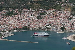 Greece Collection: Aerial view of ferry in harbour, Skopelos, Sporades, Greek Islands, Greece, Europe