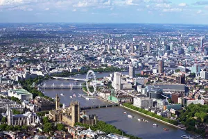Aerial view of the Houses of Parliament, Westminster Abbey, London Eye and River Thames, London, England Aerial view of the Houses of Parliament, Westminster Abbey, London Eye and River Thames, London, England