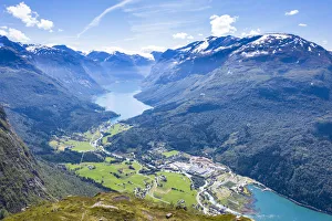 Aerial view of Lovatnet lake, Loen village and Nordfjord, Stryn, Sogn og Fjordane county Aerial view of Lovatnet lake, Loen village and Nordfjord, Stryn, Sogn og Fjordane county