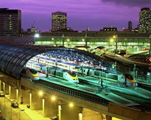 Aerial Photography Collection: Aerial view over the modern Eurostar terminal and trains at dusk, Waterloo Station