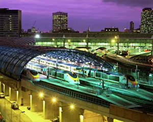 Aerial view over the modern Eurostar terminal and trains at dusk, Waterloo Station Aerial view over the modern Eurostar terminal and trains at dusk, Waterloo Station