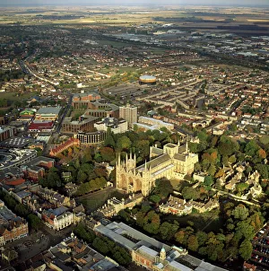 Aerial view of Peterborough Cathedral and city, Peterborough, Cambridgeshire Aerial view of Peterborough Cathedral and city, Peterborough, Cambridgeshire