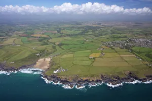 Aerial view of Poldhu Cove and Mullion, looking east to Goonhilly, Lizard Peninsula Aerial view of Poldhu Cove and Mullion, looking east to Goonhilly, Lizard Peninsula