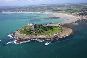 Prints of Aerial view of St. Michaels Mount, Penzance, Lands End Peninsula, West Penwith, Cornwall, England, United Kingdom, Europe Aerial View Prints: Aerial View of St. Michaels Mount Print, Cornwall, England