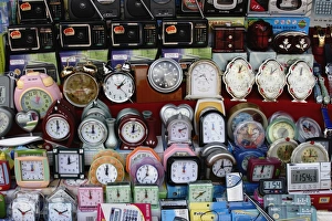 Alarm clocks of all different designs on market stall, Aluthgama, Sri Lanka, Asia Alarm clocks of all different designs on market stall, Aluthgama, Sri Lanka, Asia