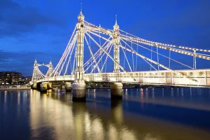Prints of Albert Bridge and River Thames at night, Chelsea, London, England, United Kingdom, Europe River Thames Prints: Albert Bridge and River Thames Night Print, London