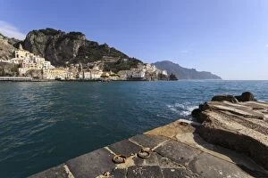 Amalfi Harbour Collection: Amalfi harbour quayside and view towards Amalfi town, Costiera Amalfitana (Amalfi Coast)