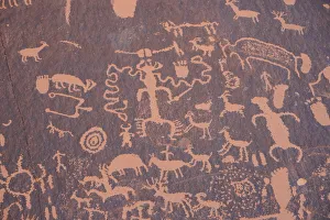 Ancient Indian rock art, petroglyphs, Newspaper Rock, near The Needles section of Canyonlands National Park, Utah Ancient Indian rock art, petroglyphs, Newspaper Rock, near The Needles section of Canyonlands National Park, Utah