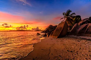 African Beach Destinations Prints: Anse Source d Argent Beach at sunset, La Digue, Seychelles, Indian Ocean, Africa