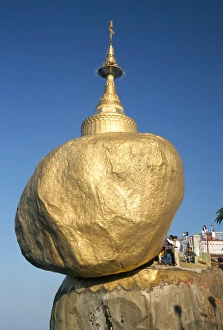 Prints of Balanced rock covered in gold leaf, major Buddhist stupa and pilgrim site, Kyaiktiyo, Myanmar (Burma), Asia Related Prints: Balanced Rock Gold Leaf Print, Kyaiktiyo Stupa Myanmar