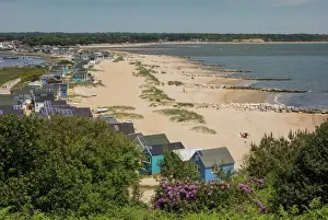 Prints of Beach Huts and sand dunes on Mudeford Spit at Hengistbury Head, Dorset, England, United Kingdom, Europe Dorset Prints: Beach Huts at Mudeford Spit Print, Dorset Coast