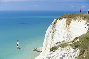 Chalk Cliffs England Prints: Beachy Head and lighthouse on chalk cliffs, East Sussex, England, UK, Europe