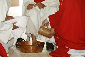 Bishop washing the feet of newly ordained deacons, Pontigny, Yonne, France, Europe Bishop washing the feet of newly ordained deacons, Pontigny, Yonne, France, Europe
