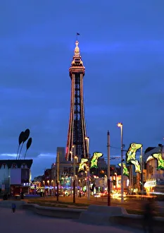 Blackpool illuminations with the tower and street mermaid decorations, Blackpool Blackpool illuminations with the tower and street mermaid decorations, Blackpool