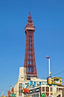 UK Landmarks Prints: Blackpool tower and illuminations during the day, Blackpool, Lancashire