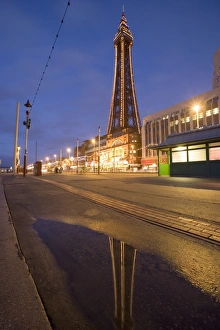 Blackpool Tower Prints: Blackpool Tower Print, Reflected in a Puddle at Dusk