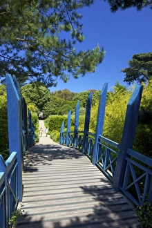 Blue Japanese-style bridge in the sub-tropical Abbey Gardens, Island of Tresco Blue Japanese-style bridge in the sub-tropical Abbey Gardens, Island of Tresco