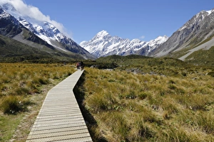 Boardwalk on Hooker Valley Trail with Mount Cook, Mount Cook National Park, UNESCO World Heritage Site Boardwalk on Hooker Valley Trail with Mount Cook, Mount Cook National Park, UNESCO World Heritage Site