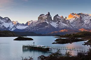 Boat dock and Paine mountains at sunset, Torres del Paine National Park, Patagonia, Chile, South America Boat dock and Paine mountains at sunset, Torres del Paine National Park, Patagonia, Chile, South America