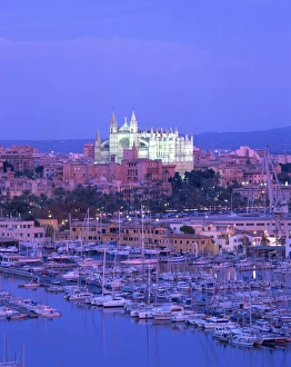 Boats in the marina at dusk with the cathedral of Palma on the skyline Boats in the marina at dusk with the cathedral of Palma on the skyline