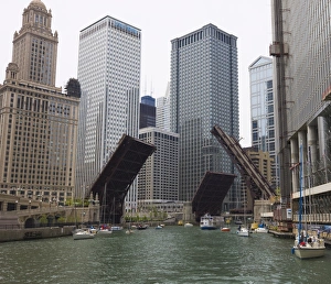 Bridges raised to allow sailboats through, Chicago River, Chicago, Illinois Bridges raised to allow sailboats through, Chicago River, Chicago, Illinois