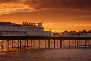 Prints of Brighton Pier at sunrise, Brighton, East Sussex, Sussex, England, United Kingdom, Europe Brighton And Hove Prints: Brighton Pier Print at Sunrise