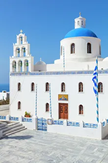 Bue dome and bell tower of Greek church Panagia Platsani, Oia, Santorini (Thira) Bue dome and bell tower of Greek church Panagia Platsani, Oia, Santorini (Thira)