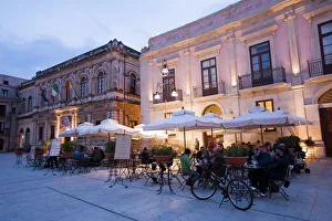 Prints of Cafe in the evening, Piazza Duomo, Ortygia, Syracuse, Sicily, Italy, Europe Heritage Site Prints: Syracuse Piazza Duomo Evening Print