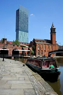 Canal boat at Castlefield with the Beetham Tower in the background, Manchester Canal boat at Castlefield with the Beetham Tower in the background, Manchester