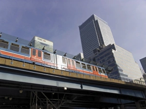 Canary Wharf tower and West India Dock, Docklands Light Railway station Canary Wharf tower and West India Dock, Docklands Light Railway station