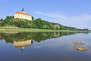Saxony Germany Photography Prints: Castle Hirschstein reflected in the River Elbe, Saxony, Germany, Europe
