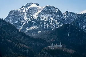 Images Dated 16th April 2019: Castle Neuschwanstein, with the Alps behind, Schwangau, Bavaria, Germany, Europe