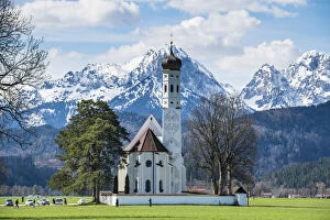Images Dated 16th April 2019: Catholic Church of St. Coloman with the Alps behind, Schwangau, Bavaria, Germany, Europe
